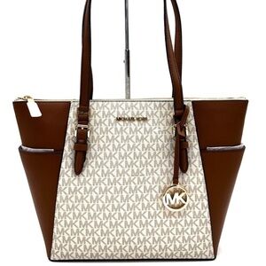 Michael Kors Large Charlotte Tote Bag Luggage Leather Vanilla